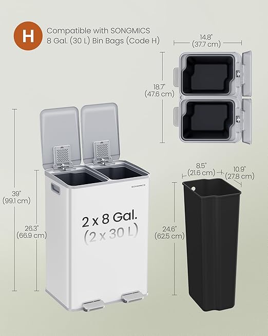 SONGMICS Trash Can, 2 x 8 Gallon (2 x 30 L) Dual-Compartment Garbage Can with Soft-Close Lid, Pedal and Inner Buckets, Stainless Steel, Includes 15 Liner Bags, Matte White ULTB741W01-DeskLoop Office