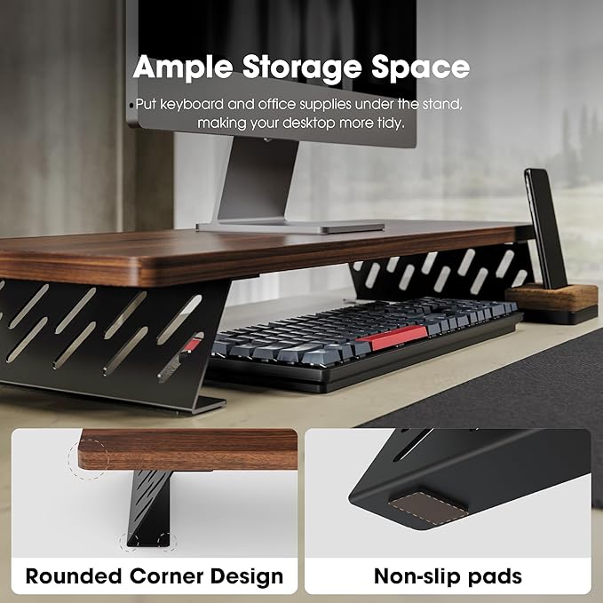 Fenge Monitor Stand Riser, Desk Top Shelf for 2 Monitors, Computer Stands for Desk, Wood & Steel Desktop Riser for Laptop, PC, Printer-DeskLoop Office