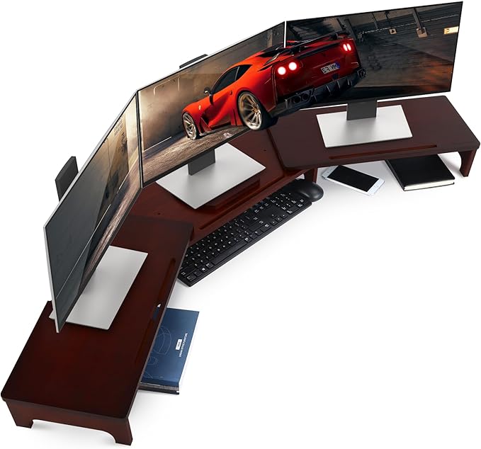 Nnewvante Large Dual Monitor Stand Riser, 60 inch Bamboo Monitor Stand with Adjustable Length and Angle, 3 Shelves Desktop Screen Riser for Computer Laptop PC, Walnut-DeskLoop Office