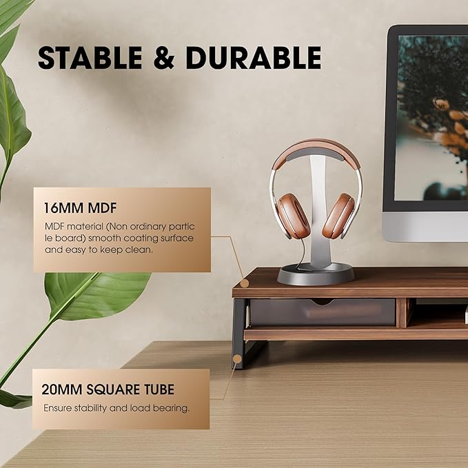 Fenge Dual Monitor Stand, Monitor Riser with Drawer, 42.5 Inch Large Computer Monitor Stand for 2 Monitors, 2 Tier Wooden Desk Shelf for Top of Desk-DeskLoop Office