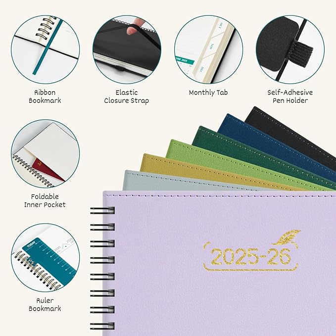 BEZEND Weekly Planner 2025-2026 with 2 Columns, 5.8" x 8.5" Academic Calendar 18 Months (Jul 25-Dec 26) Life Work Appointment Book with Monthly Tab, PU Leather Softcover Spiral - Fruit Green-DeskLoop Office