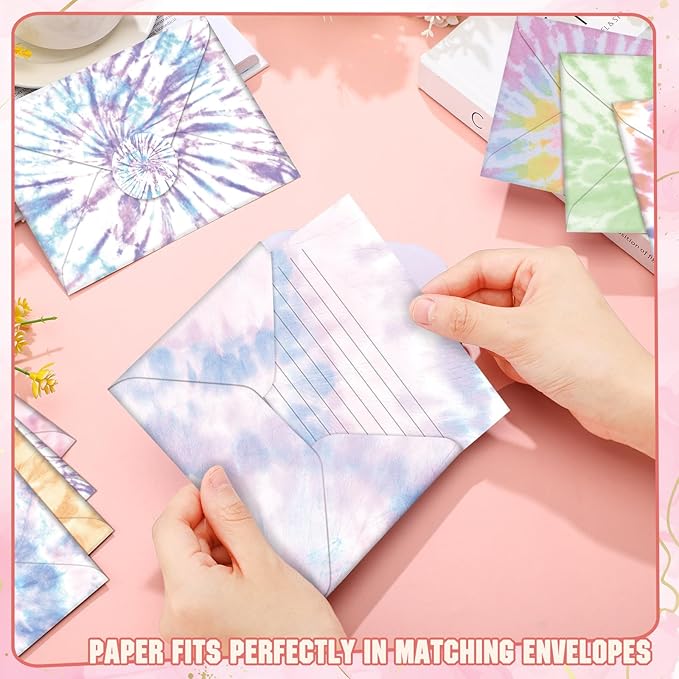 TaoBary 160 Packs Stationery Paper Set (50 Double Sided Stationery Writing Papers 50 Matching Envelopes) 60 Round Dot Sticker, 10 Design(Tie Dye,5.5 x 8.25 Inch)