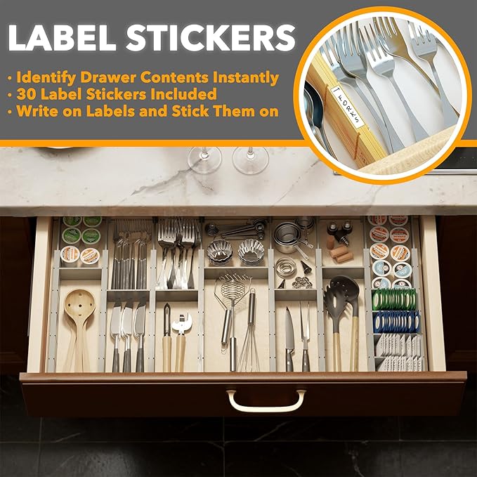 SpaceAid Bamboo Drawer Dividers with Inserts and Labels, Kitchen Adjustable Drawer Organizers, Expandable Organization for Home, Office, Dressers, 10 Dividers with 24 Inserts (17"-22" Gray)-DeskLoop Office