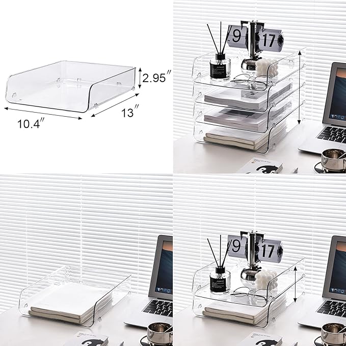 Gagee 2 Pack Paper Organizer for Desk,Clear Stackable Paper Sray, Office Desk Organizer for Notes, Pens, File, Document, Paper Holder 