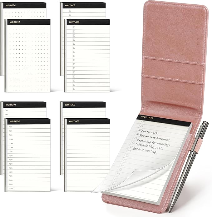 WEMATE 10 Pieces Small Notepad Holder Set Pocket Notebook - Included Mini Pocket Notepad Holder Set with 8 Memo Book Refills and Metal Pen for Meetings, Daily Records, and Notes 3 x 5 Inch (Rose Gold)-DeskLoop Office