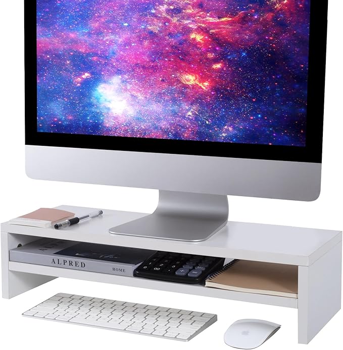 BEYGORM Monitor Stand Riser White, 21.6 inch 2 Tiers Wood Desk Shelf Computer Screen Stand with Storage for Desktop Laptop/Screen/TV/PC/Printer, Desk Shelf Organizer 21.6" L x 7.8" W x 5.2" H-DeskLoop Office