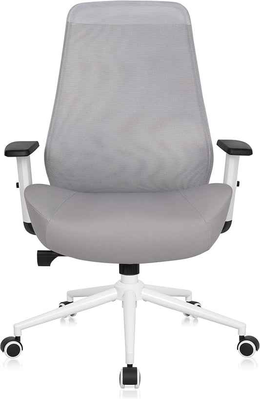 HYLONE Office Chair, 5" Thickened Seat Ergonomic Desk Chair with Adjustable Armrests, Home Office Computer Chairs for Long Hours Mesh Executive Chair(White Base&Grey)-DeskLoop Office
