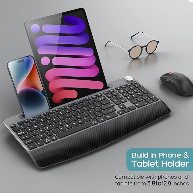 Ergonomic Wireless Keyboard and Mouse with Wrist Rest,Phone Holder - 2.4GHz Full-Sized Low-Profile Quiet Wireless Mouse and Keyboard Combo for Computer, Laptop, PC, Mac-Grey