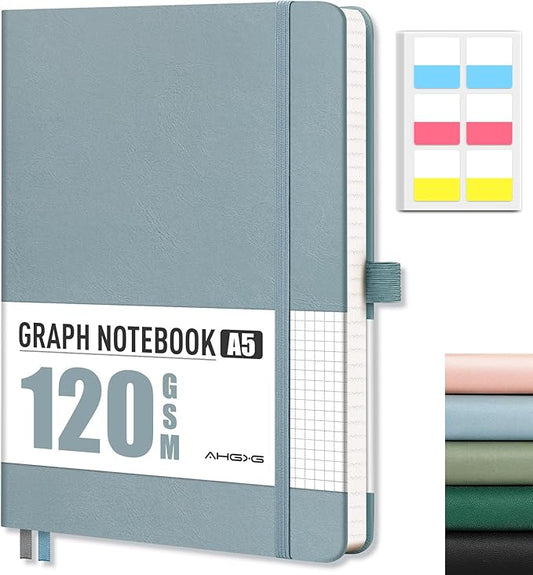 AHGXG Graph Paper Notebook - Grid Notebook Journal A5, 120 GSM Thick Graph Paper, 160 Pages, Leather Hardcover, for Graphing, Writing, Math, Engineering, 5.75'' × 8.38''- Gray Blue-DeskLoop Office