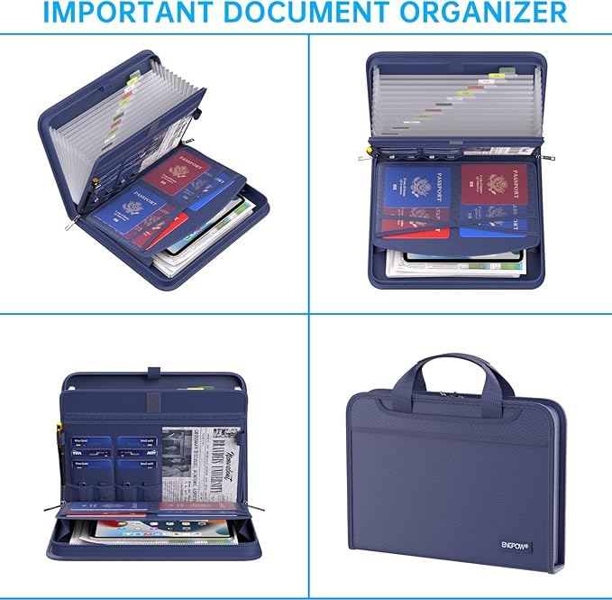 ENGPOW Accordion File Organizer,Fireproof Expanding File Folder with Multi Pockets,13 Pockets Document Organizer with Handle & Labels,Portable Home Travel Safe Storage Folder for Letter A4 Files,Blue-DeskLoop Office