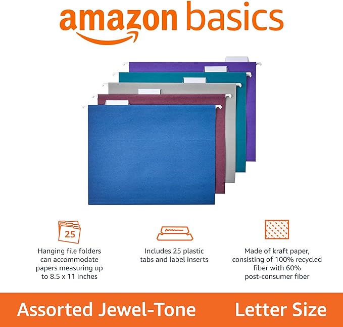 Amazon Basics Hanging File Folders, Sturdy, Letter Size, 25-Pack, Assorted Jewel-tone Colors-DeskLoop Office
