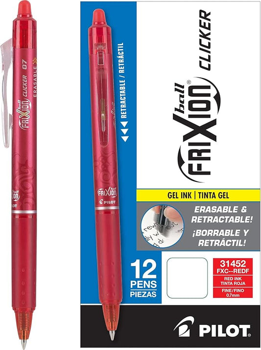 Pilot, FriXion Clicker Erasable Gel Pens, Fine Point. 0.7 mm, Pack of 12, Red-DeskLoop Office