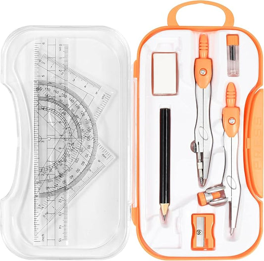 Math Geometry Kit Sets 10 Piece Student Supplies with Shatterproof Storage Box,Includes Rulers,Protractor,Compass,Eraser,Pencil Sharpener,Lead Refills,Pencil,for Drafting and Drawings(Orange)-DeskLoop Office