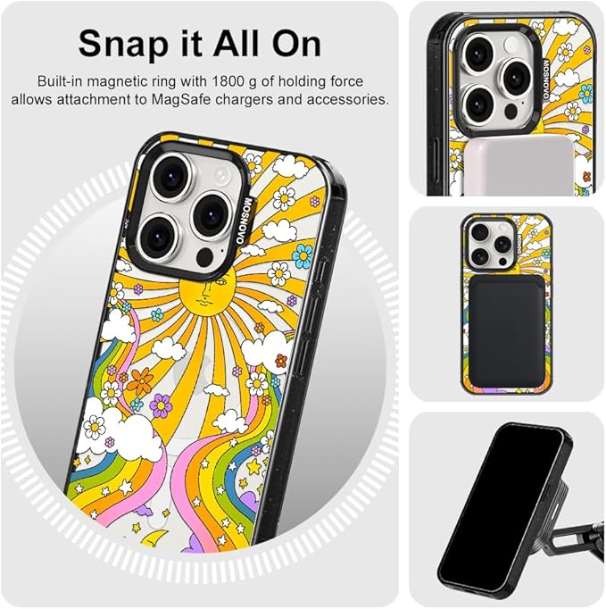 MOSNOVO Magnetic Case for iPhone 15 Pro, 10ft Military-Grade Protection, Compatible with Magsafe, Shockproof Phone Case for iPhone 15 Pro - 70's Psychedelic Groovy Art - Clear Black-DeskLoop Office