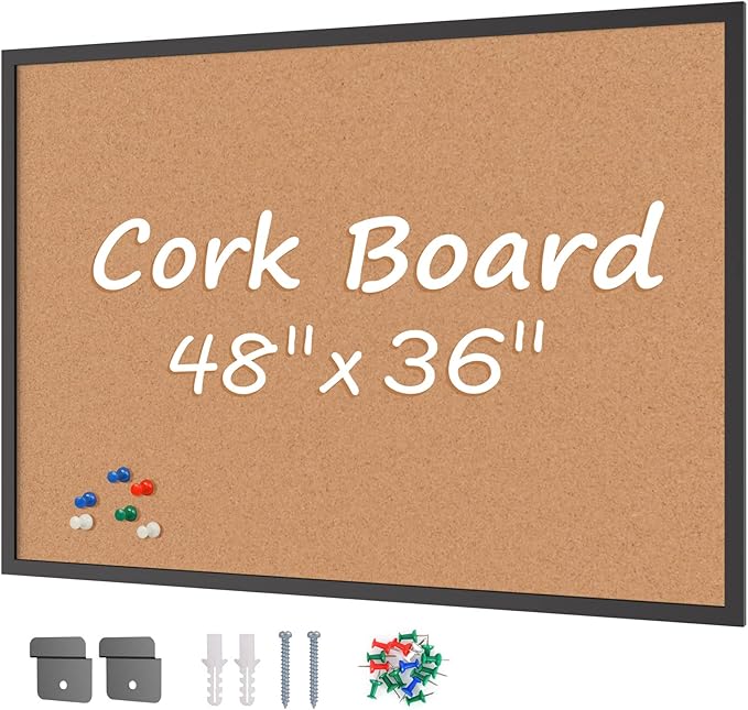 Board2by Cork Board Bulletin Board 36 x 48, Black Wood Framed 4x3 Corkboard, Office Board for Wall Cork, Large Wall Mounted Notice Pin Board with 18 Push Pins for School, Home & Office-DeskLoop Office
