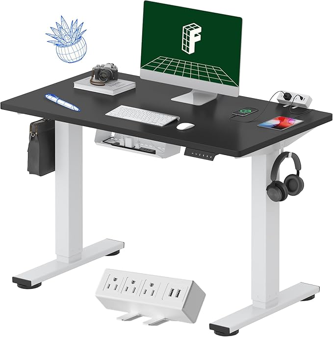FLEXISPOT EN2 Whole-Piece Standing Desk with Clamp Power Strip, 40 x 24 Electric Stand Up Height Adjustable Desk with Cable Management (White Frame + 40" Black Desktop, 2 Packages)-DeskLoop Office