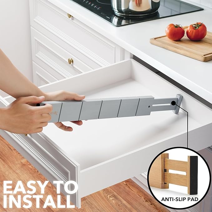 SpaceAid Bamboo Drawer Dividers with Inserts and Labels, Kitchen Adjustable Drawer Organizers, Expandable Organization for Home, Office, Dressers, 7 Dividers with 15 Inserts (17"-22" Gray)-DeskLoop Office