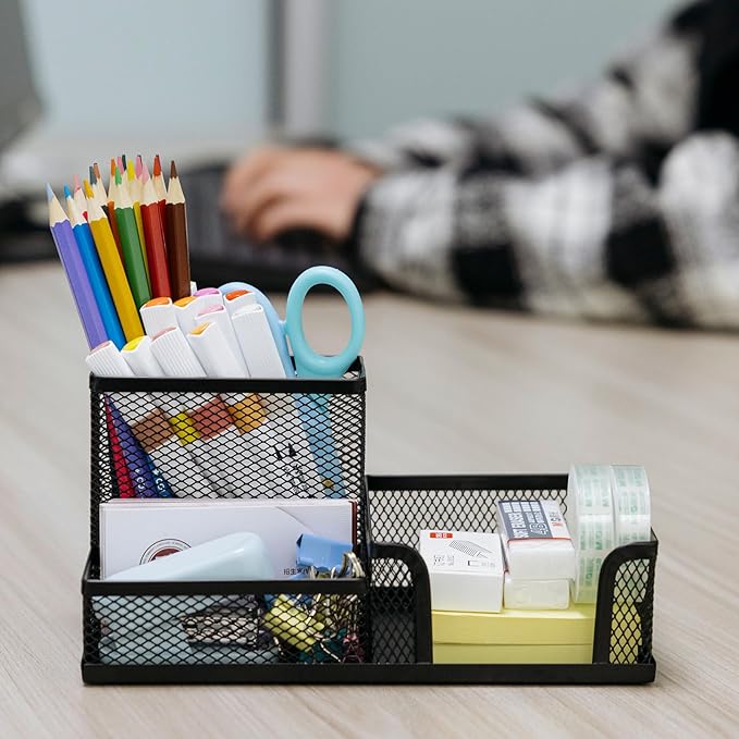 2 Pieces Pen Holder Mesh Metal Pencil Holder Desk Organizers Black for Desk Office with 3 Compartments Pencil Holders,Desktop Storage Caddy Organization,Suitable for School, Home,Black-DeskLoop Office