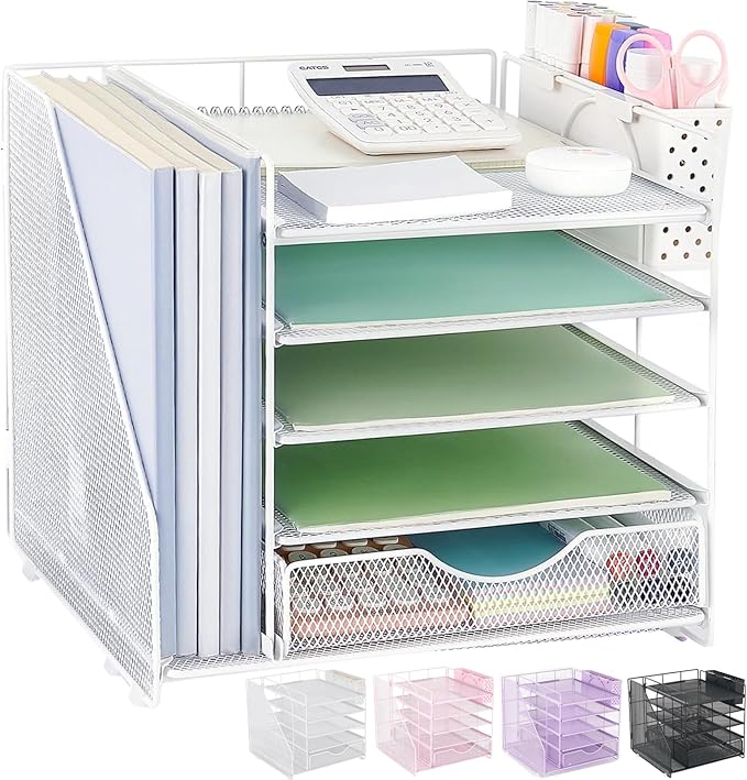 Desk Organizer with Drawer and Pen Holder, 5-Tier Paper Letter Tray Organizer with File Holder, Suitable for Workspace Organizer Office Supplies Storage (White)-DeskLoop Office