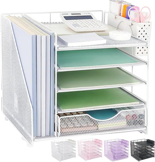 Desk Organizer with Drawer and Pen Holder, 5-Tier Paper Letter Tray Organizer with File Holder, Suitable for Workspace Organizer Office Supplies Storage (White)-DeskLoop Office