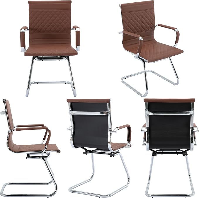 Office Guest Reception Chairs Set of 4 - Modern PU Leather Conference Room Chair With Mid Back for Waiting Room, Desk - Coffee-DeskLoop Office