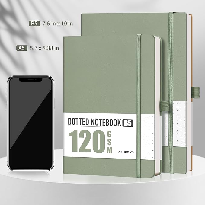 AHGXG Bullet Dotted Journal - Dot Grid Notebook Journal, 120 GSM Thick Acid-Free Paper, A5 Dotted Notebook 160 Pages, Leather Hardcover, Inner Pocket, Journal Stencil, 5.7'' × 8.3'' - Sage Green-DeskLoop Office