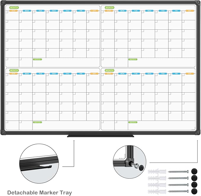 JILoffice Magnetic Dry Erase Calendar Whiteboard, 4 Month White Board Planner 36 X 24 Inch, Black Aluminum Frame Wall Mounted Board for Office Home and School-DeskLoop Office
