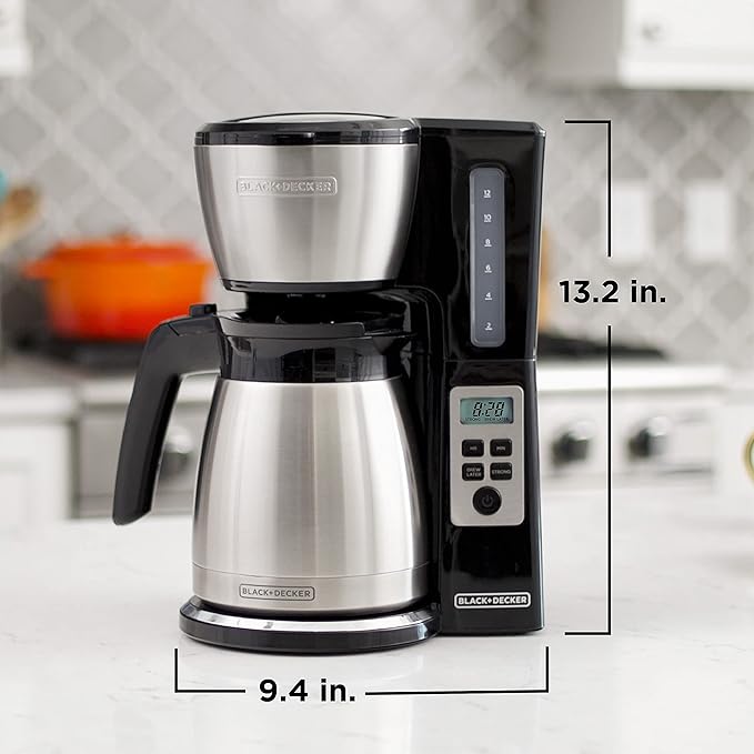 BLACK+DECKER 12 Cup Thermal Programmable Coffee Maker with Brew Strength and VORTEX Technology, Black/Steel-DeskLoop Office