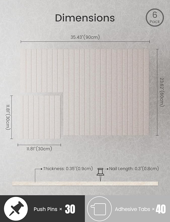 Bumusty Large Cork Board Alternative-36 x24 Felt Bulletin Board Tiles, with 30 Pushpins, 40 Adhesive Tabs, 6-Pack Slat Wall Paneling, Cork Boards for Office Push Pin Board Felt Board-Oatmeal-DeskLoop Office