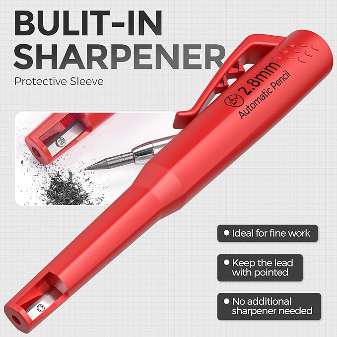 Nicpro CP3000 Carpenter Pencil with Sharpener, 2 Pack Mechanical Pencils Set with 38 Refills, Deep Hole Marker for Construction, Heavy Duty Carpenter Tools for Architect Marking (Black, Red)-DeskLoop Office