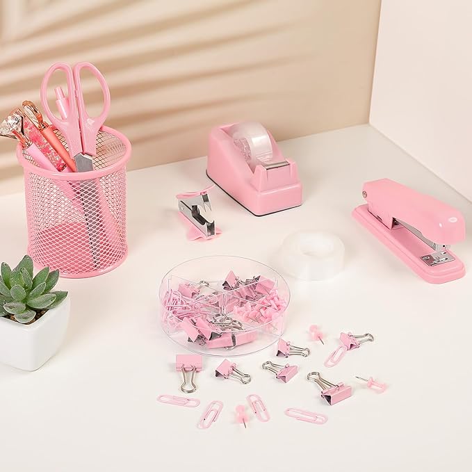 SKYDUE Pink Office Desk Accessories, Pink Office Supplies, Stapler, Tape Dispenser, Scissors, Clips and 1000pcs Staples,Office Supplies for Desk for Women-DeskLoop Office