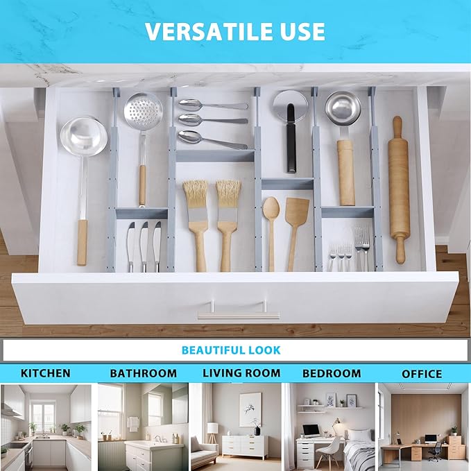 6 Pack Bamboo Drawer Dividers with 12 Inserts, Expandable Adjustable Clothes Drawer Organizers and Storage from 17" to 22" for Kitchen, Bedroom, Dresser, Cosmetics (Gray)-DeskLoop Office