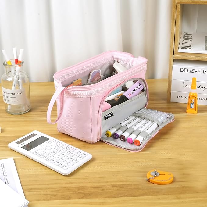 MAMUNU Pencil Case Pouch Large Capacity with Compartments, Pencil Case Pouch Bag with Zipper Handle for Teen Girls Adults Women, Portable Pen Bag Stationery Organizer for Office School Travel, Pink-DeskLoop Office