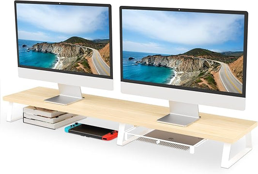 Aothia Dual Monitor Stand Riser - Monitor Stand with Drawer,Monitor Stand For 2 Monitors, Desk Shelf For Monitor with Metal Legs, Wood Monitor Stand with Storage Organize For Pc,Laptop,Screen (Oak)-DeskLoop Office