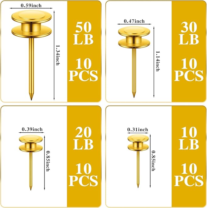 Ferraycle 40 Piece Double Headed Picture Hangers Nails 4 Size Long Thumb Tacks for Wall Hanging Decorative Nails Push Pins Picture Hooks for Drywall Photo Decor, 10/20/ 30/ 50lb(Gold)-DeskLoop Office