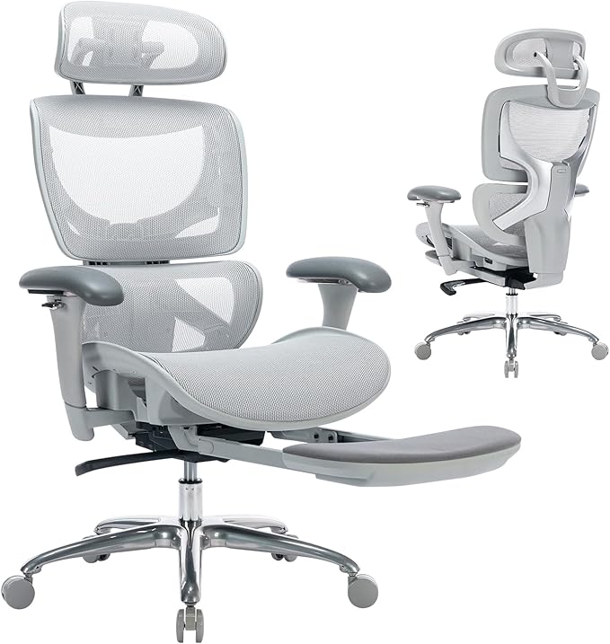COLAMY Ergonomic Mesh Office Chair, Ergonomic Desk Chair with Footrest, Executive High Back Computer Desk Chair with Lumbar Support, Headrest and Adjustable 3D Arms, Tilt Lock and Lumbar Support-Grey-DeskLoop Office