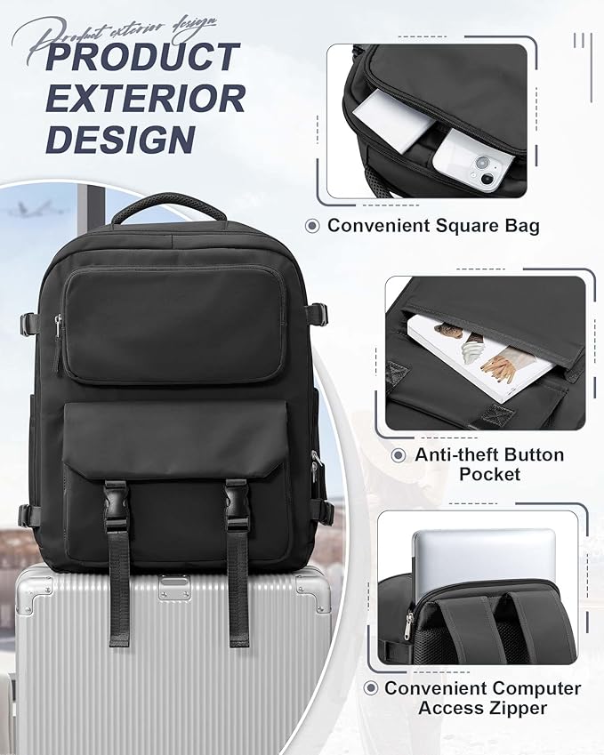 Large Black Travel Backpack for Women Men, Carry On Backpack with USB Charging Port & Shoe Pouch, TSA 15.6inch, Flight Approved, College Nurse Bag Casual Laptop Daypack for Weekender Business Hiking