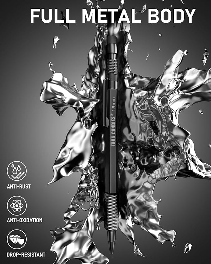 Four Candies 1.3mm Mechanical Pencil Set with 24 Lead Refills, Metal Weatherproof Heavy Duty Outdoor Carpenter Pencil, Eraser, 6 Eraser Refills for Architect Drafting Woodworking Marking with Case-DeskLoop Office