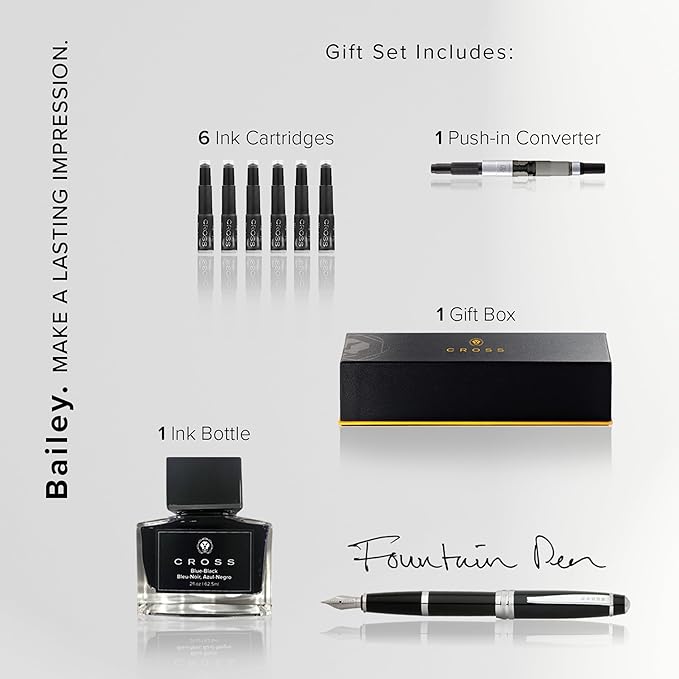 Cross Bailey Refillable Fountain Presented in a Premium Gift Box - Medium Point, Black Ink, Black-DeskLoop Office