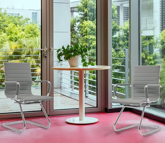 Office Desk Chair Set of 6,No Wheels PU Leather Computer Chairs Mid Back Guest Chairs with Seld Base for School/Reception/Conference/Waiting Room,Grey-DeskLoop Office