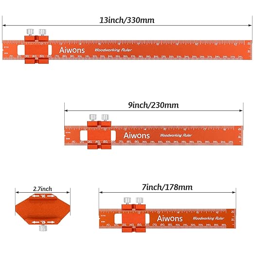 Woodworking Ruler Pocket Rule -12/8/6 Inch Precision Pocket Ruler with 45°& 30°Metal Slide Stop - Wood Marking Ruler Metric Inch Measuring Scribing Rulers - Aluminum Alloy Square Ruler-DeskLoop Office