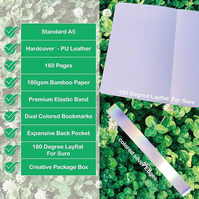 Dotted Notebook Journal 180GSM Bamboo Thick White Paper 160 Pages 5 * 5MM Dot Grid, Lay Flat Binding,Colored Silver Edges, Bookmarks and Expandable Back Pocket (BKP-5)