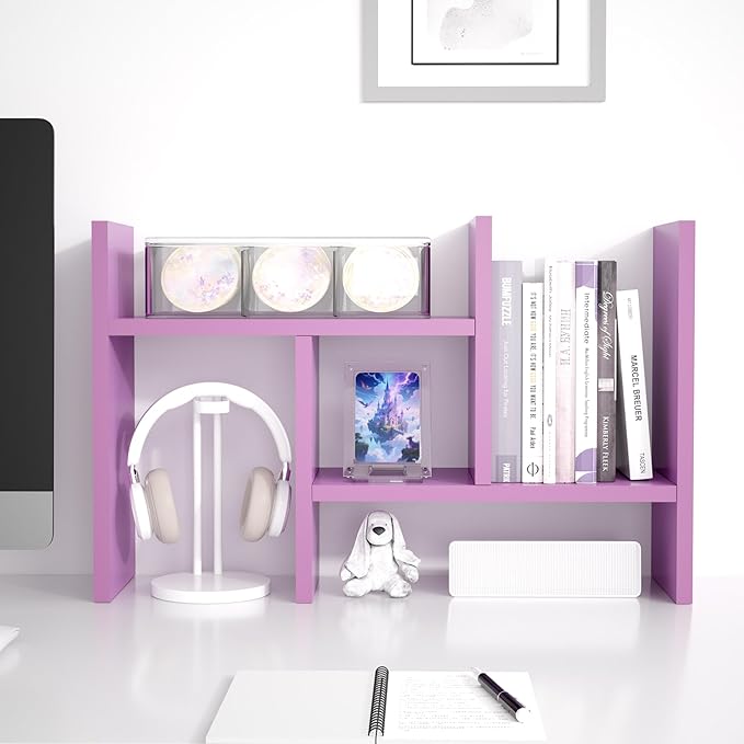 Jerry & Maggie Desktop Organizer Office Storage Rack Adjustable Wood Display Shelf Free Style Double H, Multi-Functional Mini Bookshelf for Desk Natural Stand (Violet)-DeskLoop Office