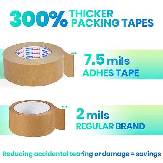 ADHES Heavy Duty Kraft Paper Tape, 7.5mil, 2 Inch x 55 Yards x 12 Rolls, Biodegradable Paper Packing Tape Writable & Uncoated Brown Packing Tape for Shipping, Moving, Sealing-DeskLoop Office