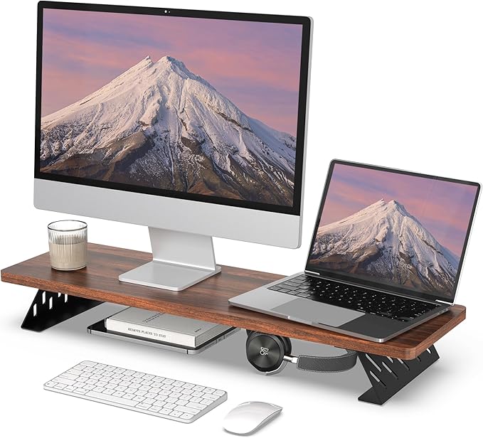Fenge Monitor Stand Riser, Desk Top Shelf for 2 Monitors, Computer Stands for Desk, Wood & Steel Desktop Riser for Laptop, PC, Printer-DeskLoop Office