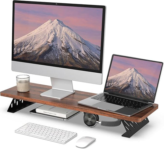 Fenge Monitor Stand Riser, Desk Top Shelf for 2 Monitors, Computer Stands for Desk, Wood & Steel Desktop Riser for Laptop, PC, Printer-DeskLoop Office