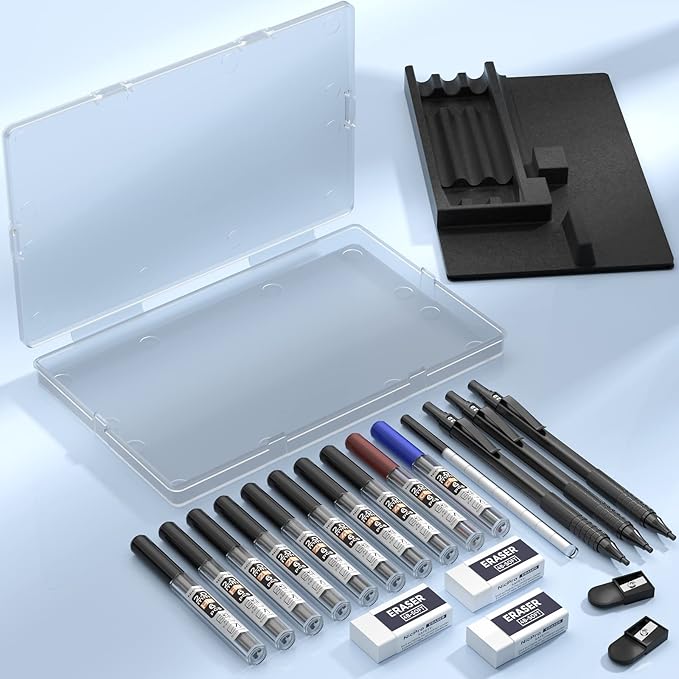 Nicpro Black Metal 2.0 Mechanical Pencil Set with Case, 3 PCS Drafting Lead Holder with 2mm Graphite Lead Refill (HB 2H 4H 2B 4B) & Colors, Sharpeners, Erasers for Artist Writing, Drawing, Sketching-DeskLoop Office