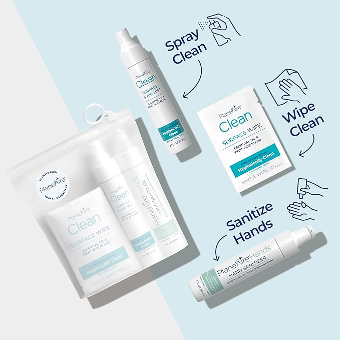 Travel Essentials | Hygiene Kit | Travel Toiletry Kit | Travel Size | Gel Hand Sanitizer 3-Mint Scent | Surface Wipes | Individual Travel Wipes | Surface Cleaner & Air Mist | Made with Essential Oils-DeskLoop Office