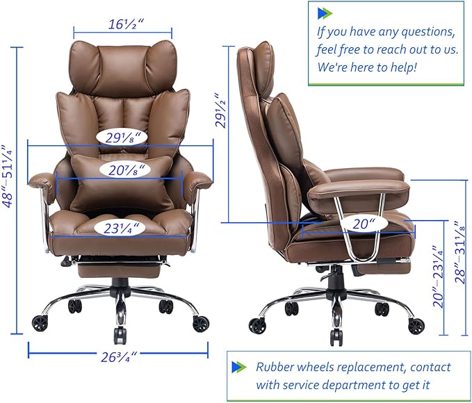 Efomao Big and Tall Office Chair 400lbs – High Back PU Leather Executive Chair with Lumbar Support, Footrest, Swivel Base, Padded Armrests, and Rolling Wheels for Home Office, Brown Computer Chair-DeskLoop Office
