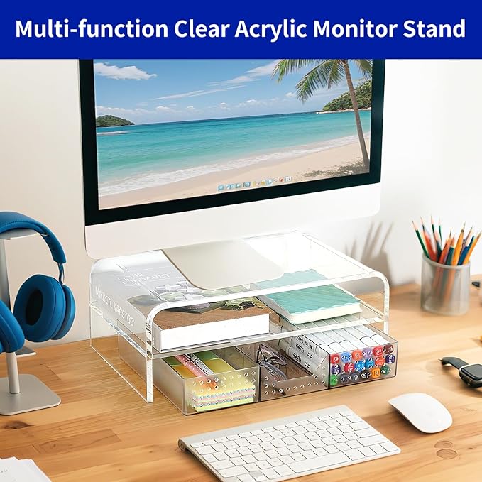 Acrylic Clear Desk Organizers and Accessories, 2-Tier Computer Monitor Stand Riser with Drawer, Laptop Stand, Office Desk Accessories for Office Supplies, Transparent-DeskLoop Office